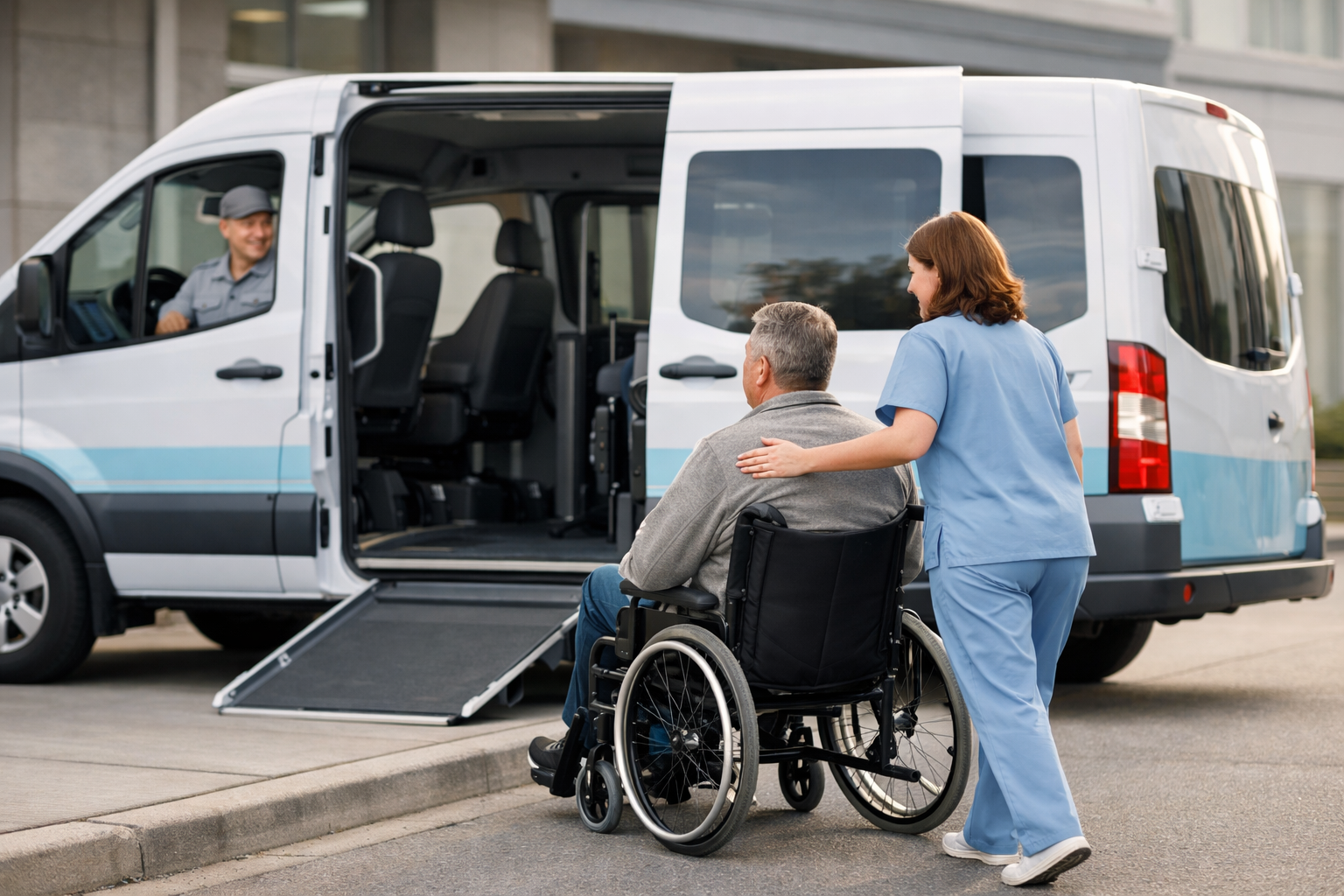 Medical transport van outside a clinic