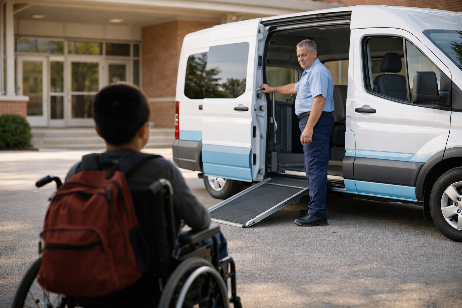 Accessible school ride van at a campus entrance