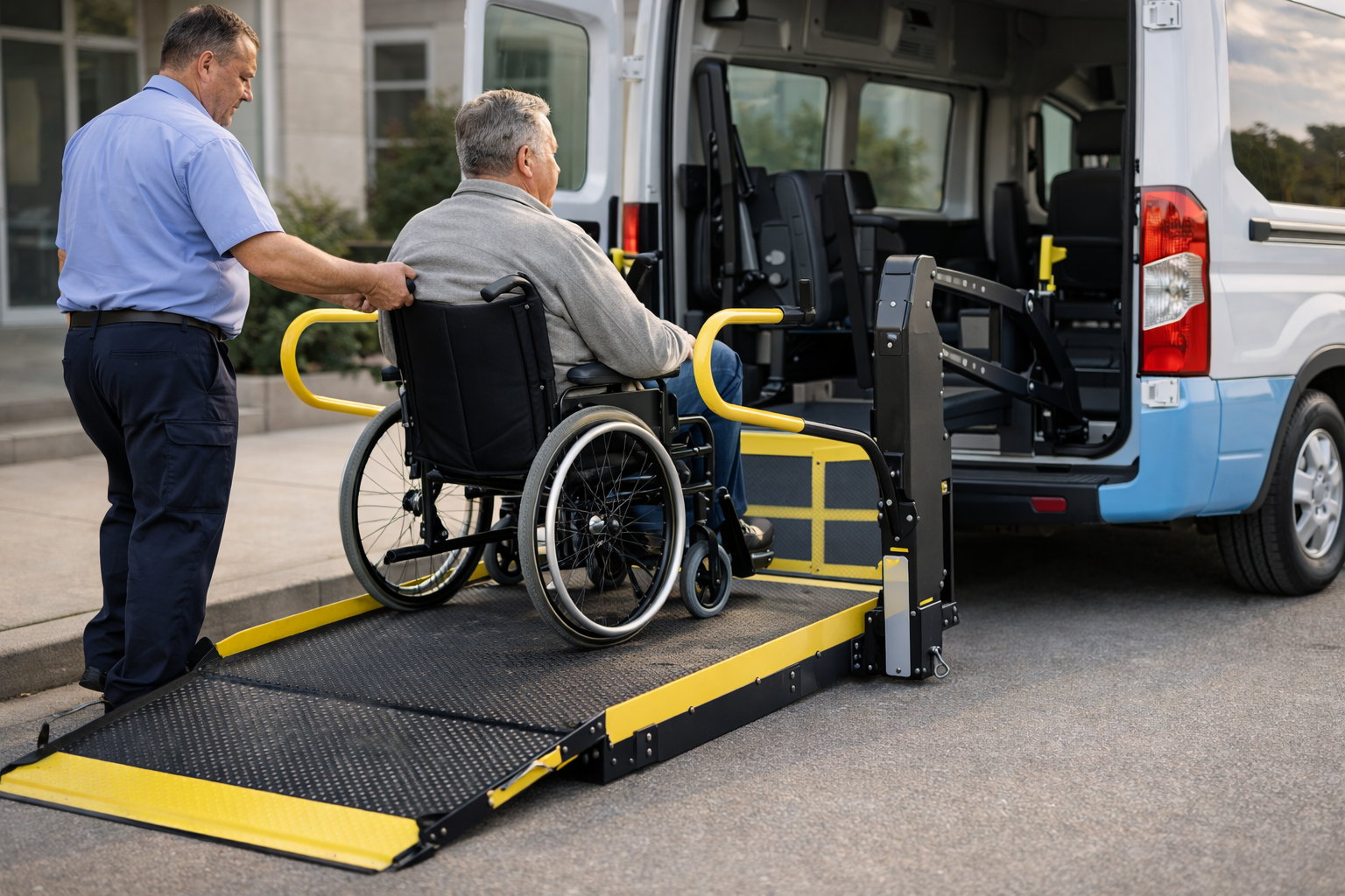 Wheelchair lift boarding at an accessible van